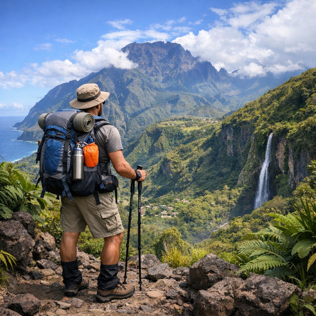 Randonneur équipé à La Réunion